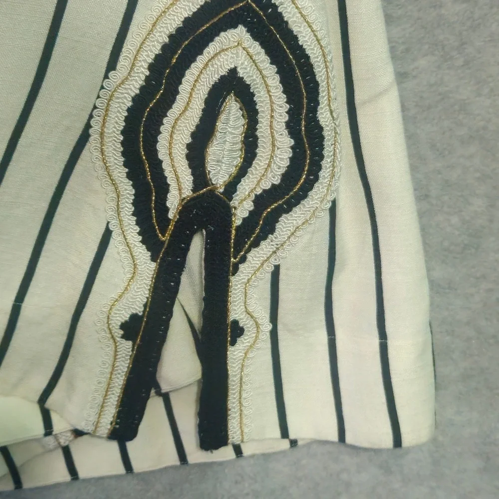 Tory Burch Womens Striped Embroidered Tunic Size 4 Cream Navy Blue Boho Split